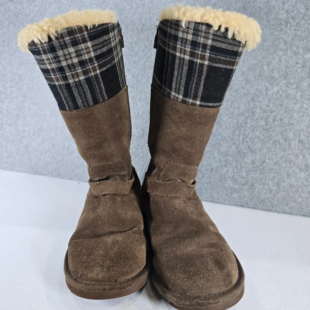 UGG Australia Girls Brown Suede Plaid Sheepskin Boots 3286 Size 3